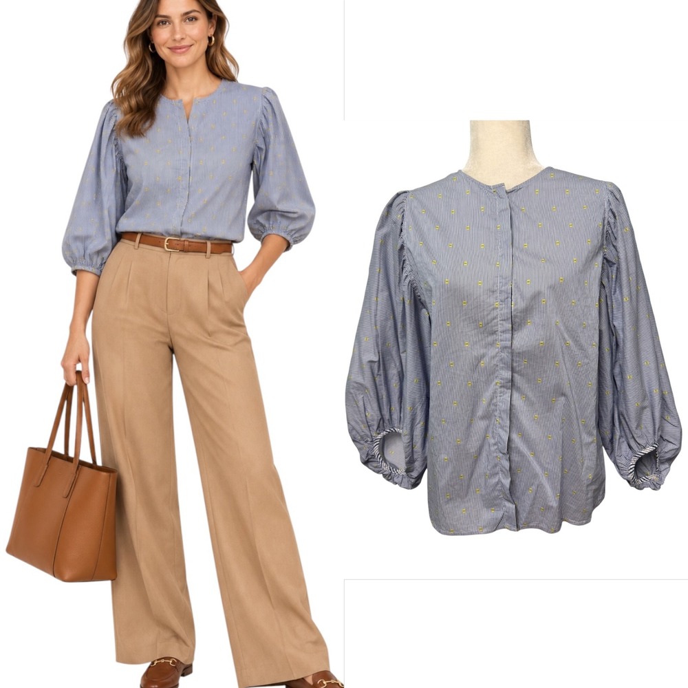 Massimo Dutti Blouse Womens 4 Blue Pinstripe Floral Puff Sleeve Office Preppy